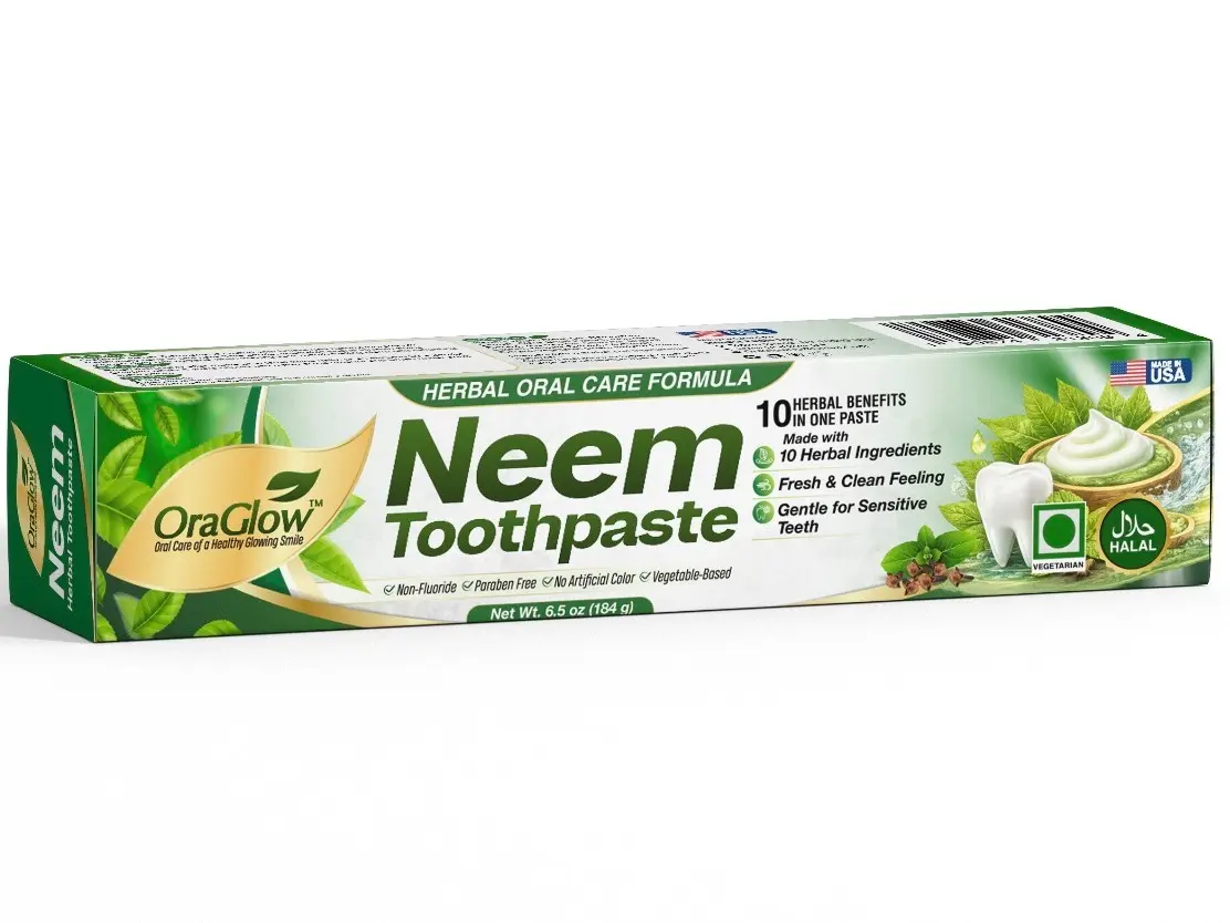 OraGlow Neem 10-in-1 Herbal Toothpaste – Fresh Breath & Gum Care | Fluoride & Paraben Free | Halal | Vegetable Base | Made in USA | 184g / 6.5 oz
