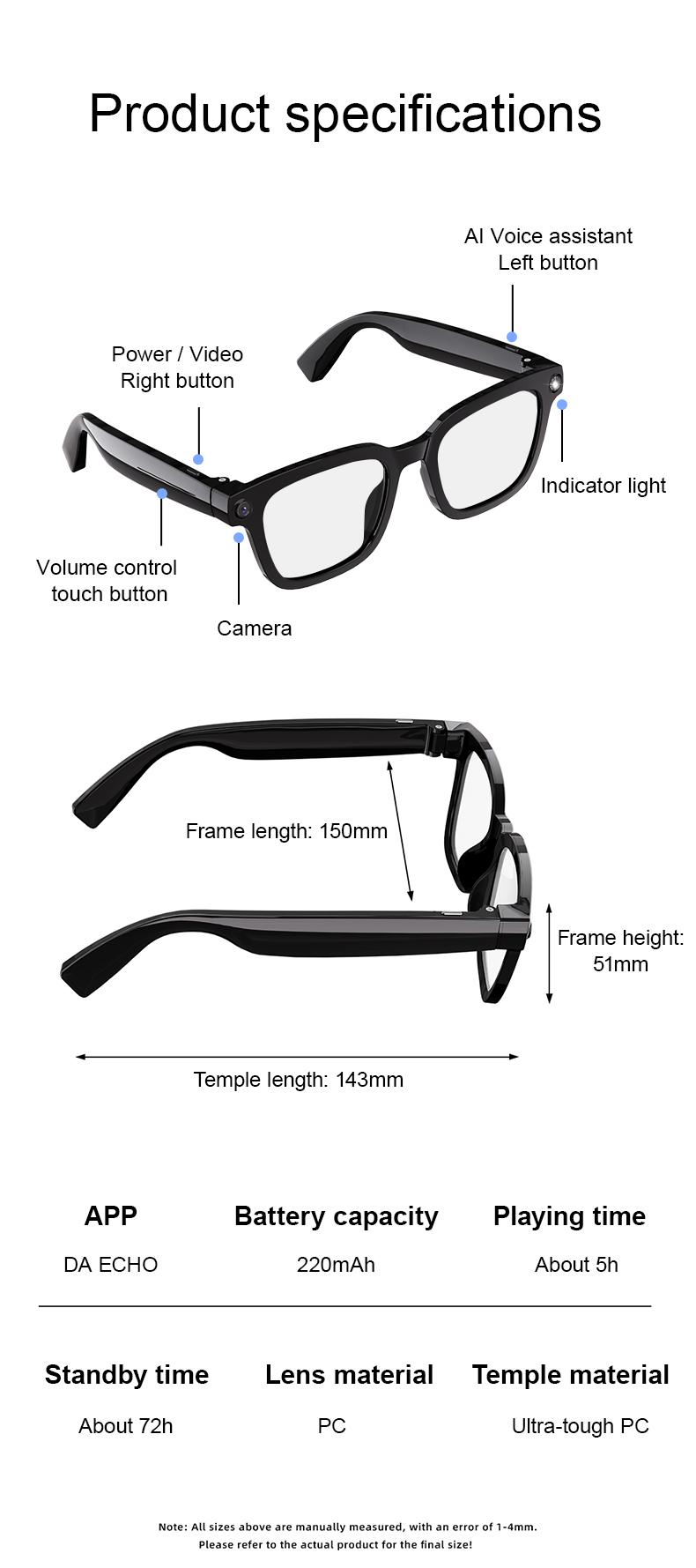 Smart Bluetooth Glasses with HD Camera, 1200p Video Recording Wearable Smart Glasses, Anti-shake Shooting Outdoor Sports Camera Sunglasses, Multifunctional Wireless Audio Glasses with Intelligent Voice Assistant, Built-in Earphone Anti-blue Light Eyeglass
