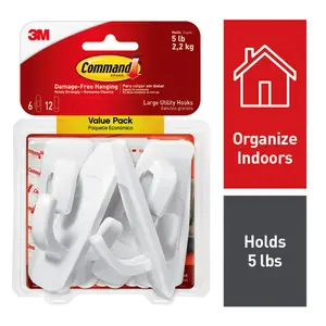 Large Utility Hooks, White, Damage Free Decorating, 6 Hooks and 12 Command Strips