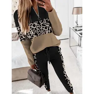 Autumn Winter New Trendy Leopard Print Patchwork Long Sleeve Pants Set, Women's Fashion Two-Piece, Casual Style