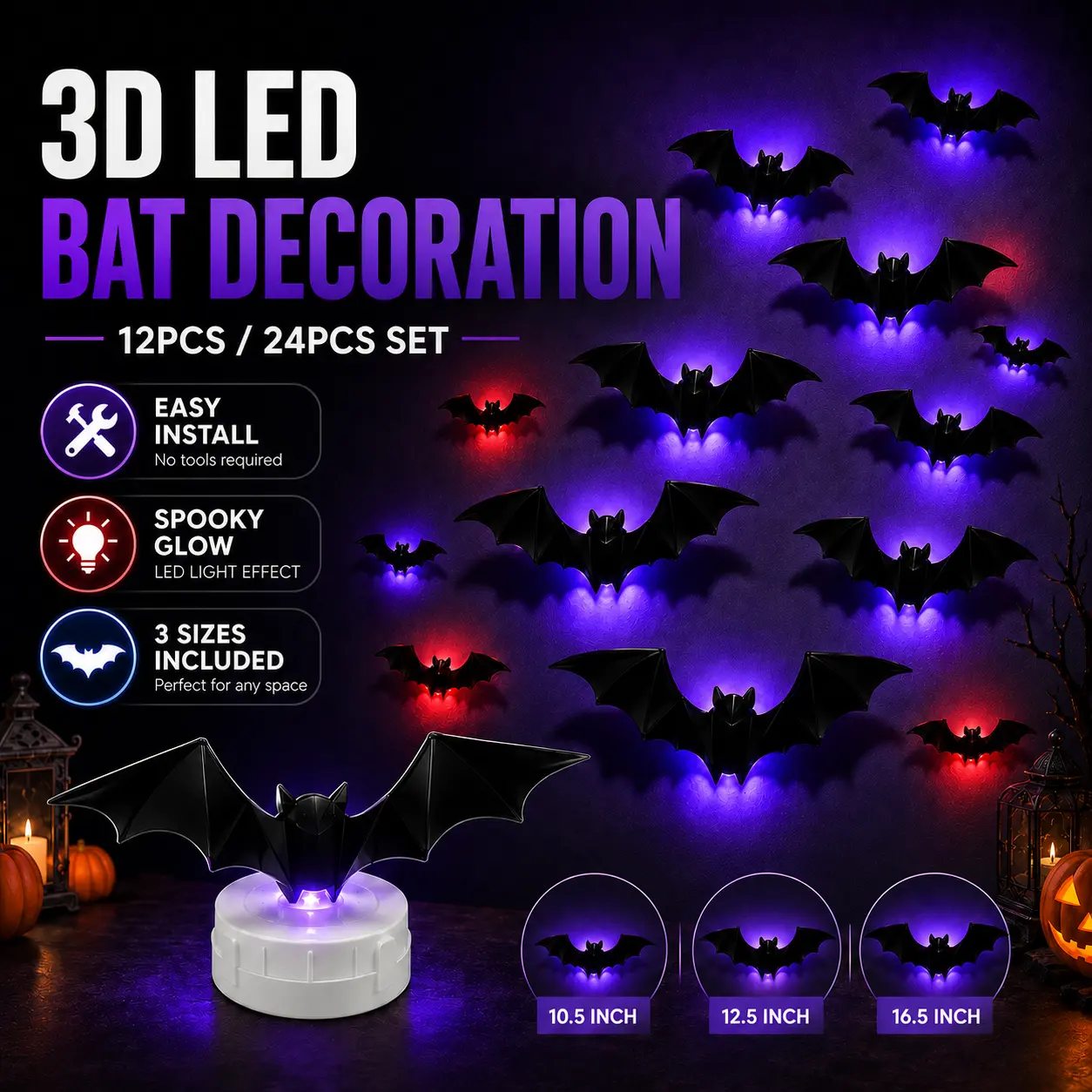 3D Bat Light LED Decorations, 12pcs/24pcs Halloween Spooky Ornaments, Bendable Wall Stickers with Smooth Bubble-Free Application, Easy Install Battery Powered Glowing Decor, Non-Remote Indoor Decor for Home, Party, Window, Door, Festival