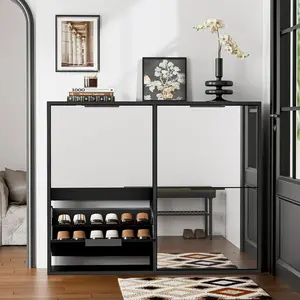 Mirror Slim Shoe Cabinet with 4 Door, with 4 Flip Down Drawers & Mirror Wooden Shoe Organizer Adjustable Shelves Large Capacity, Free Standing Shoe Storage for Entryway, Apartments, Hallway Black