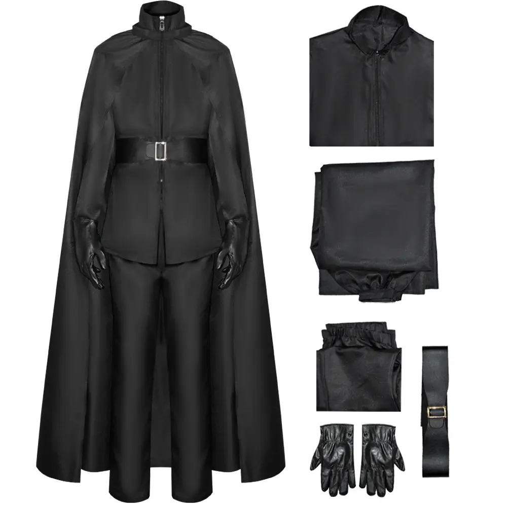 V Black Hooded Cloak Tunic Pants Belt and Gloves Set for Men Cosplay Costume