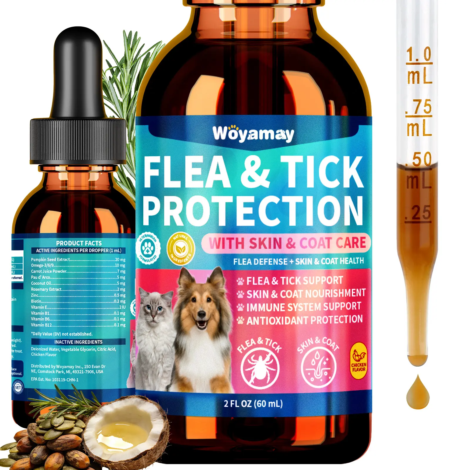 Woyamay Flea Defense + Skin & Coat Support Natural Flea & Tick Prevention for Dogs & Cats with Pumpkin Seed & Omega-3/6/9 for All Breeds & Ages Summervibes