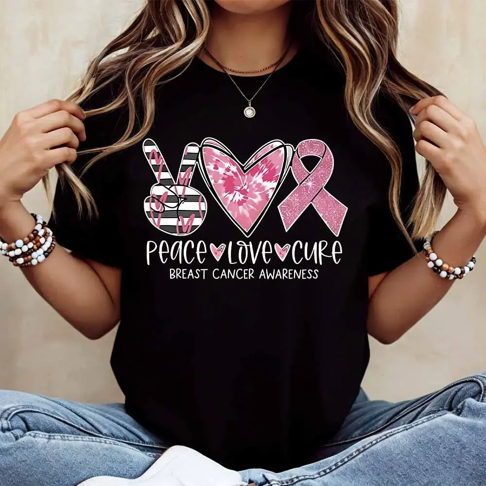 Peace Love Cure Breast Cancer Awareness Print T Shirt White Casual Loose Fit For Everyday Wear And Light Activities