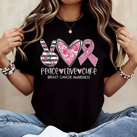 Peace Love Cure Breast Cancer Awareness Print T Shirt White Casual Loose Fit For Everyday Wear And Light Activities