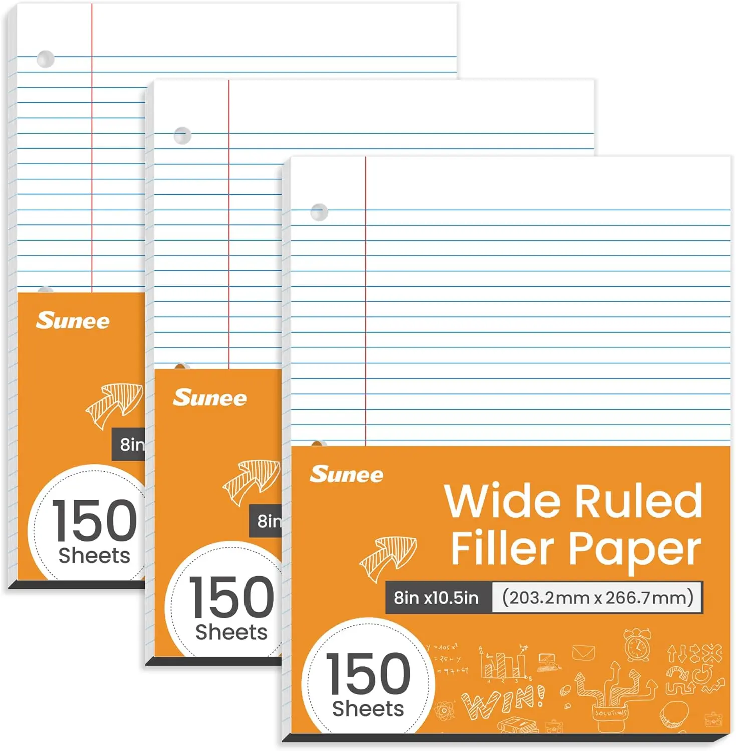 SUNEE Loose Leaf Paper, 450 Sheets, 3 Pack Wide Ruled Paper, 8 x 10-1/2 Inch Filler Paper, 3 Hole Punch Binder Paper, Loose Leaf Notebook Paper, 150 Sheets/Pack