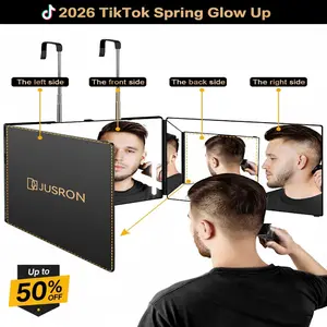 [Spring Glow Up Deal] JUSRON 360°  3 Way Mirror with LED Light, Adjustable Portable Barber Trifold Mirror for Self Grooming,Suitable as a gift