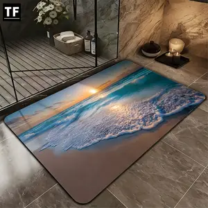 1pc Coastal Sunset Ocean Wave Pattern Diatom Mud Bath Mat, 3mm Thick, Absorbent Durable Bath Rug, for Home Decor, Bathmat, Water Absorbent Mat