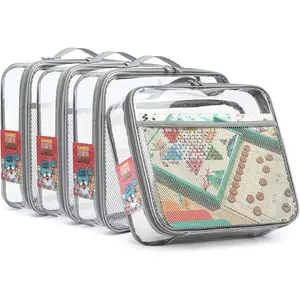 4-Pack Large Clear  Storage Bags with Name Label Pockets,  PVC Organizer for Legos, Building Blocks, Board , Puzzle & Crafts(Gray, Small)
