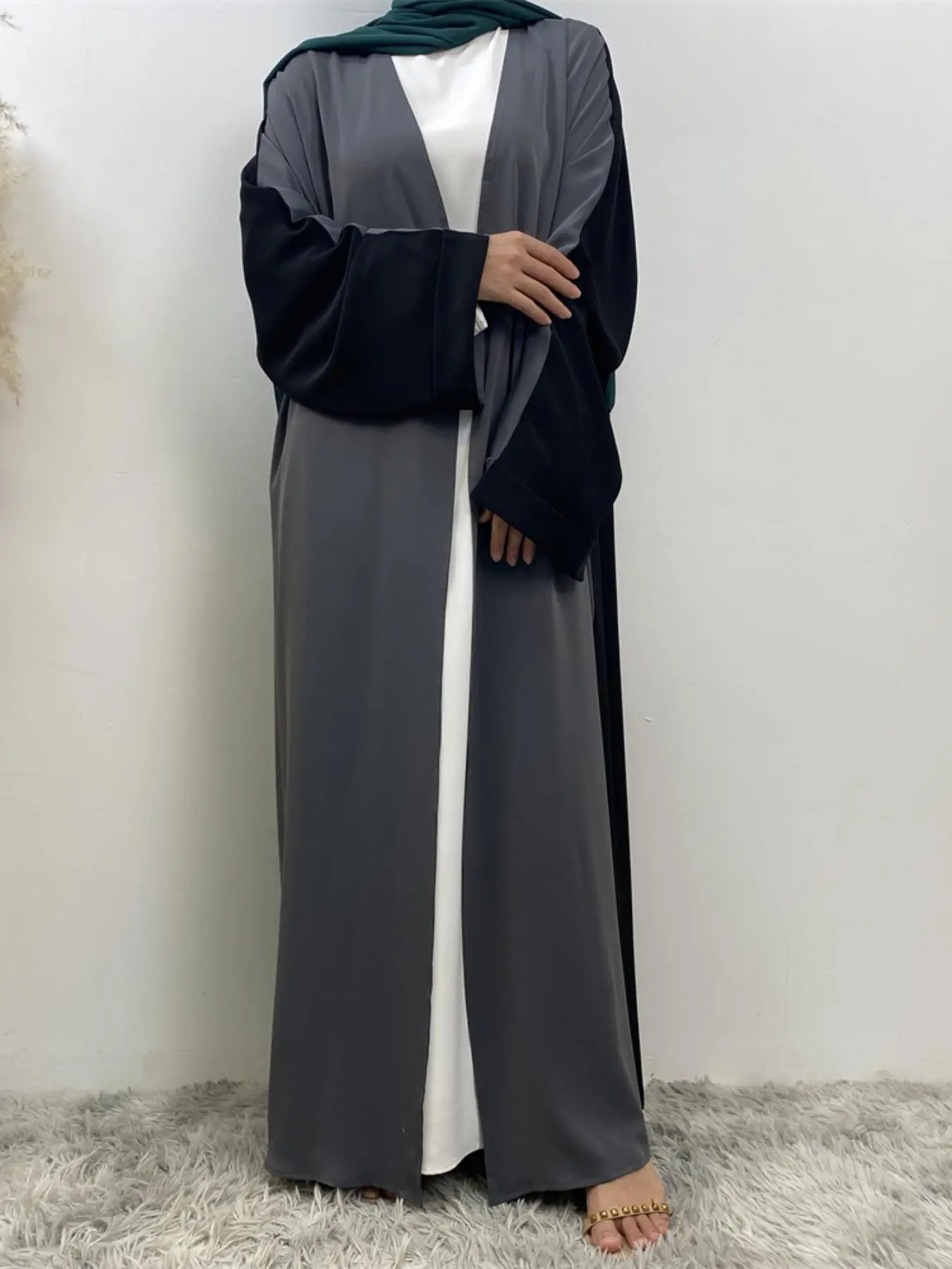 Women's Colorblock Batwing Sleeve Abaya, Modest Long Sleeve Open Front Abaya for Daily Wear, Women's Islamic Clothing for Spring & Fall