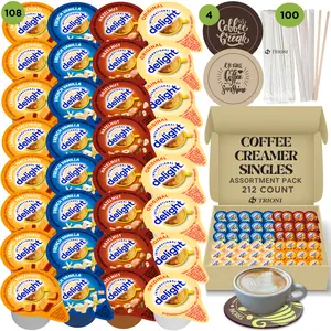 International Delight Coffee Creamer Singles Variety Pack - Caramel Macchiato, French Vanilla  and 2 More Flavors Coffee Creamer Pods with Stirrers & Coasters
