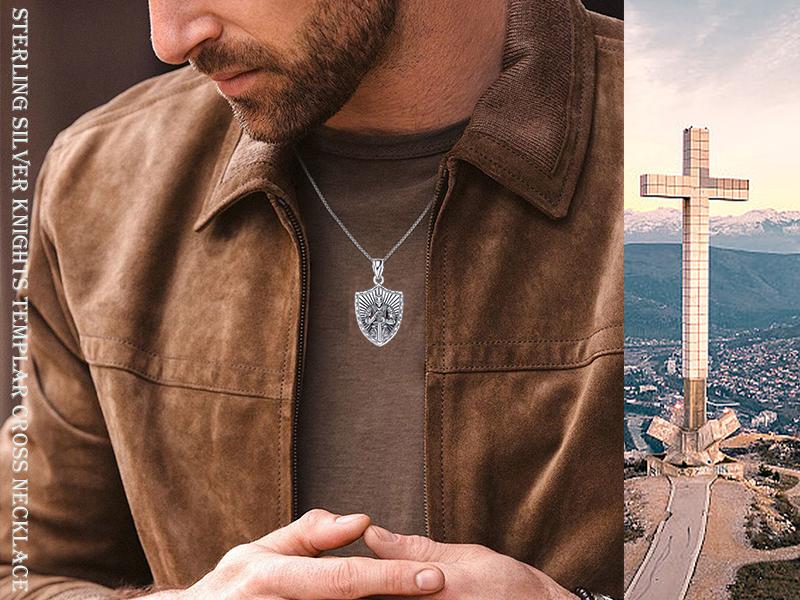 Knights Templar Shield Pendant Necklace S925 Sterling Silver Knights Templar Cross Armor of God Necklace Gift Unisex with 20+2 inch Chain