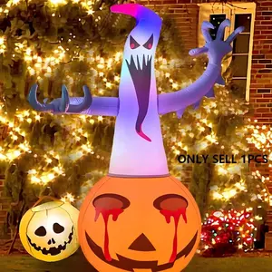 Halloween Outdoor Yard Inflatable Ghost Pumpkin Decoration, Spooky Atmosphere Prop, Glowing Eye Ball, Night Garden Decor, No Pump Included, 1pc