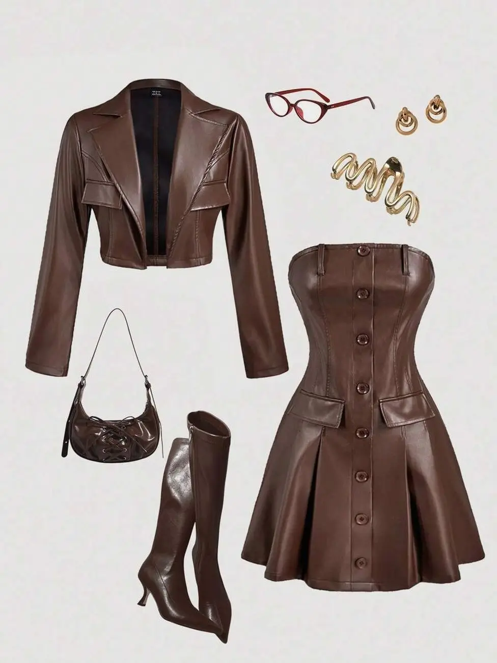 🍷 Burgundy PU Leather Two Piece Set With Cropped Jacket And Strapless Dress.