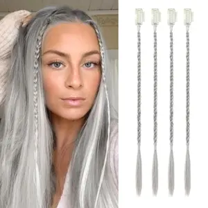 4 count Braid in Hair Extension 14 Inch Clip in Braid Extensions for Women Synthetic Hairpieces for Daily Use Party Styling ( Grey)