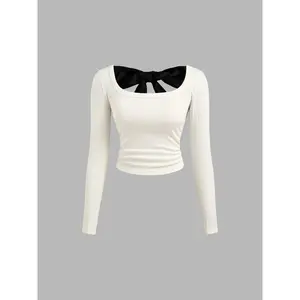 Cider [2 colors, size 2-26] Scoop Neckline Bowknot Ruched Crop Long Sleeve Top