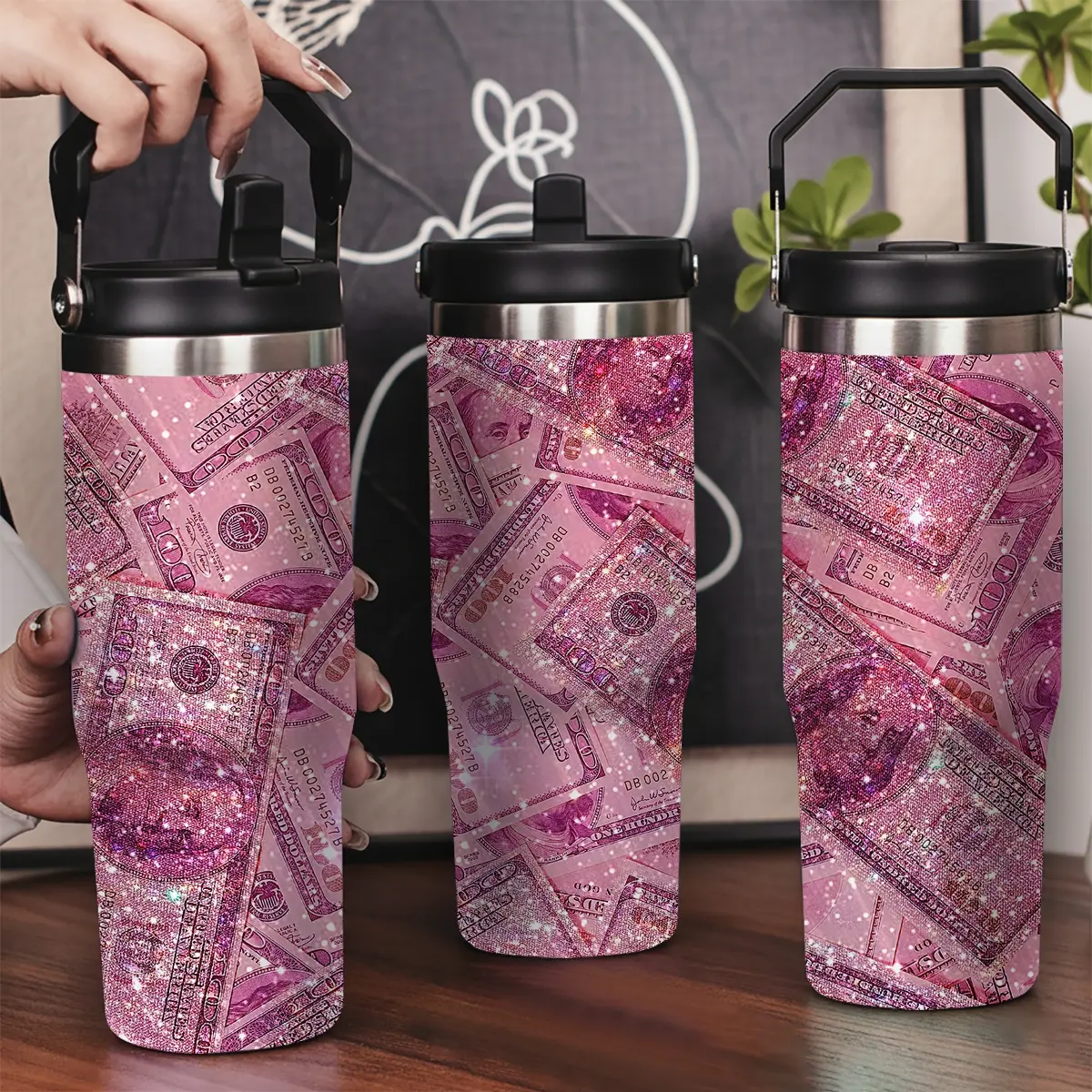 30oz 304 Stainless Steel Insulated Water Bottle (Single Cup Drinkware) - Leakproof Lid, Portable Handle, Double Wall, Pink Shining Dollar Banknote Pattern, Long-Lasting Hot/Cold Retention, Hand-Protective, Ideal for Car/Travel, Office, Birthday Gifts, Bot