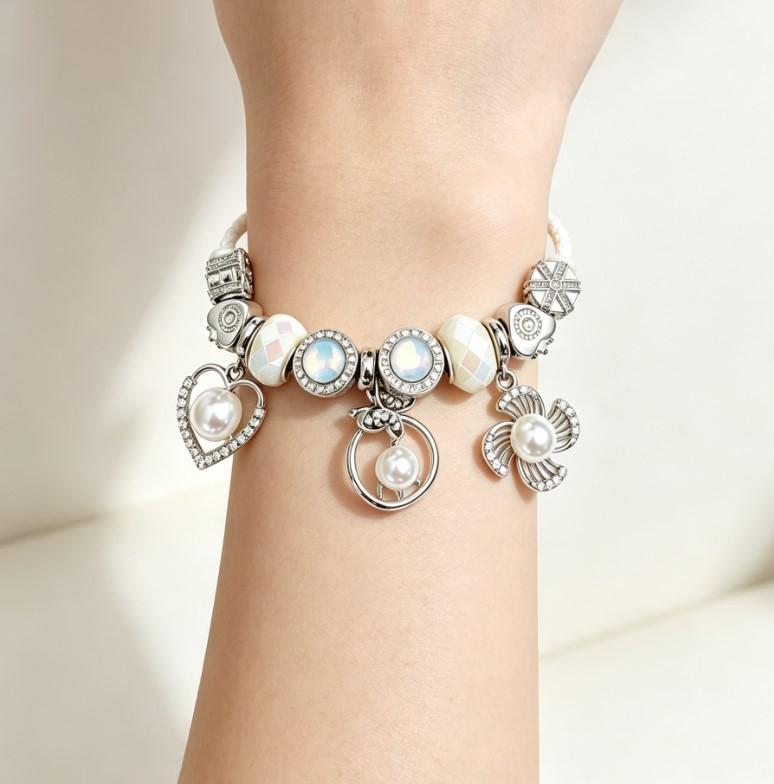 White Braided Adjustable Charm Bracelet Pearl Heart Crystal Beads Stackable Wrist Jewelry Gift For Women Daily Wear White Braided Adjustable Charm Bracelet Pearl Heart Crystal Beads Stackable Wrist Jewelry Gift For Women Daily Wear