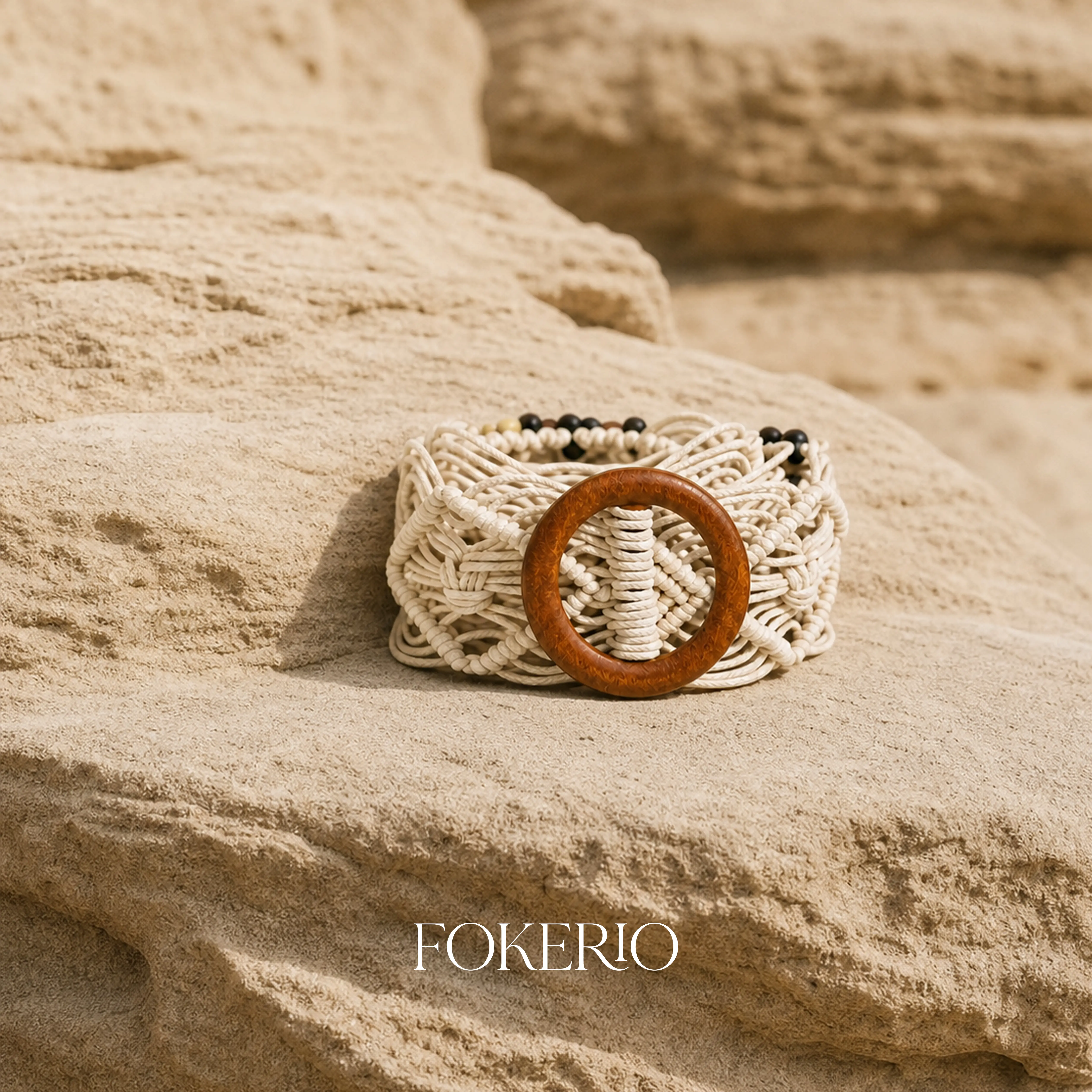 FOKERIO Women's Belt for Women Handwoven Boho Braided Waist Belt with Wooden Ring Buckle and Beaded Details Designer-Style Belt for Skirts Dresses and Going-Out Outfits