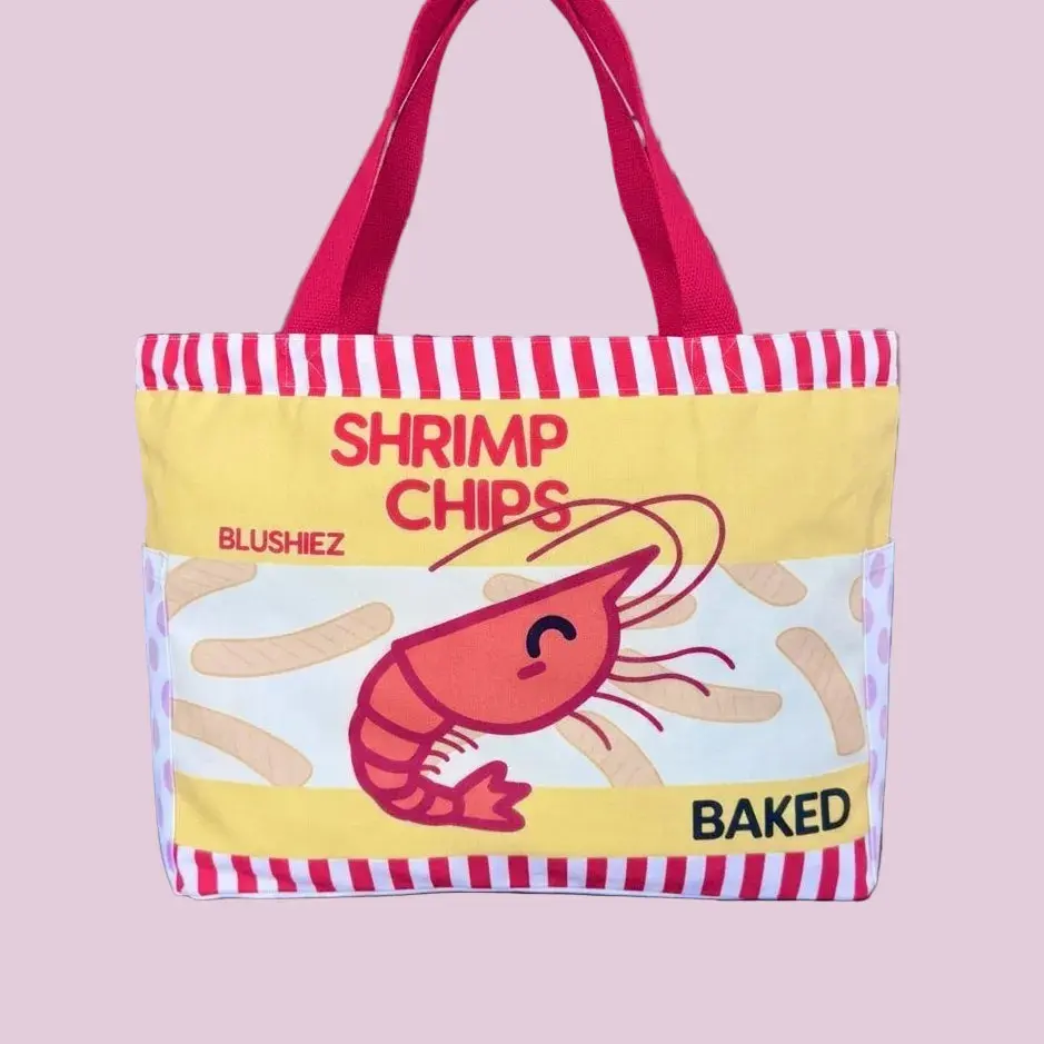Premium Shrimp Chips Tote Bag – 15″ Canvas Zip-Top Bag with Inner & Side Pockets