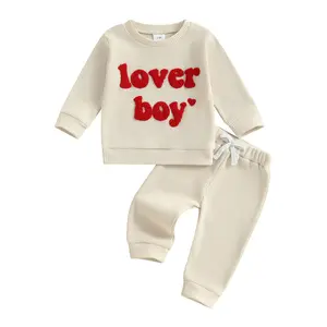 Toddler Baby Boy Valentine's Day Outfits Set Lover Boy Embroidery Long Sleeve Waffle Knit Sweatshirt Tops and Pants Kids Boys Clothing Set