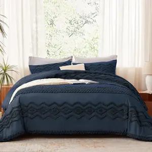 Navy Blue Boho Tufted Comforter Set  Size 3 count Boho Shabby Chic Comforter Farmhouse Embroidery Bedding Set Soft Comforter for  Seasons (Navy Blue, 104''x90'')