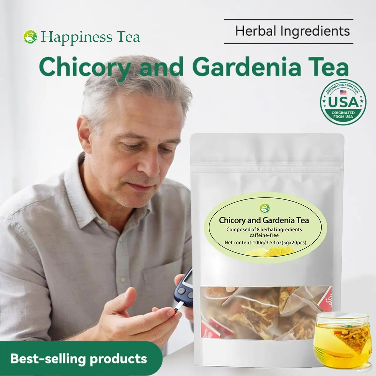 20 Tea Bags Chicory & Gardenia Herbal Tea - Gardenia Chicory Honeysuckle Licorice Tangerine Peel NaturalSugar Free Blend Vegan Caffeine Free Tea Bags