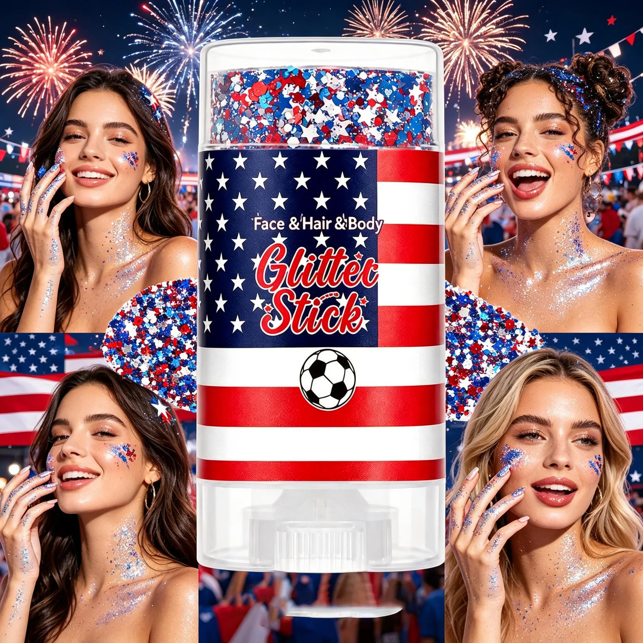 3-in-1 Patriotic Red White Blue Glitter Stick Kit - American Flag, Soccer, Star Chunky Glitter, Holographic Hair & Body Gel Cosmetic Makeup for 4th of July, Sports Game Festive Party Supplies