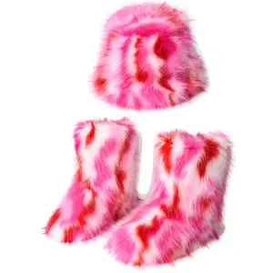 Women'S Winter Plush Faux Fur Boots & Bucket Hat Set Cozy Pink Fuzzy Snow Boots with Chunky Low Heel Slip-Resistant Rubber Sole Soft Fabric Lining Warm Two-Piece Outfit for Cold Weather Hand Washable PU Cover Ideal for Everyday Winter Wear