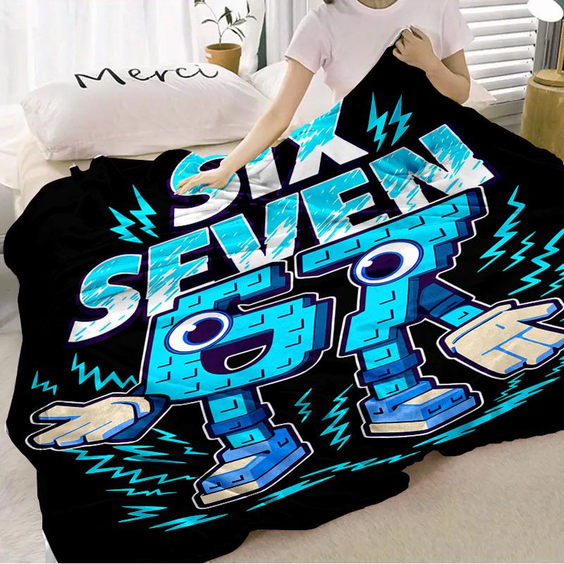 Blue-Black Color Block "67" Number Robot Lightning Flannel Blanket A warm nap blanket Lightweight Warm Ideal for Sofa Bed Travel Camping Living Room Multiple  Perfect Gift for Family and Friends