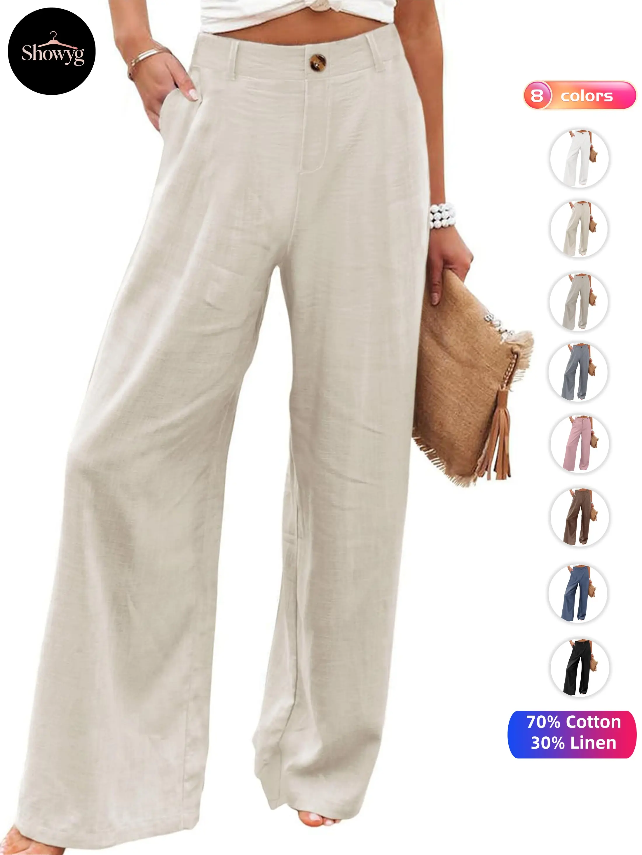 Showyg Women's Linen Pants, Casual High Waist Wide Leg Fit with Pockets, 70% Cotton 30% Linen for All Seasons Business Wear, Bottoms, Loose