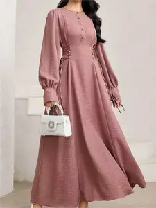 Elegant Women's Long Sleeve Dress, Plain Color Solid Waist-Centric Design, Woven, Perfect for Casual & Formal Occasions, Comfortable Fit