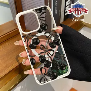 Magnetic Phone Case Compatible with iPhone 16 15 14 Pro Max 13 12 11 XR XS Plus E Black Cherry Pattern Hard Acrylic Back Soft TPU Edge Shock-resistant Cover