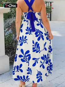 Summer Fashion Boho Floral Print Cross-Band Backless Sleeveless Long Dress, Elegant Women's Casual Wear, Perfect for Parties and Daily, Bohemian, Boho Summer Dresses
