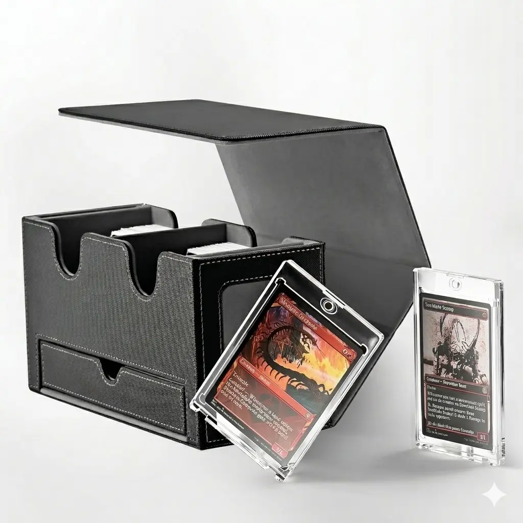 Double Storage Card Deck Box for MTG – Commander Display Case with 2 Deck Compartments & 1 Dice Tray, Holds 200+ Double-Sleeved Cards, Organizer for CCG, TCG & Sports Cards (Black/Gray)