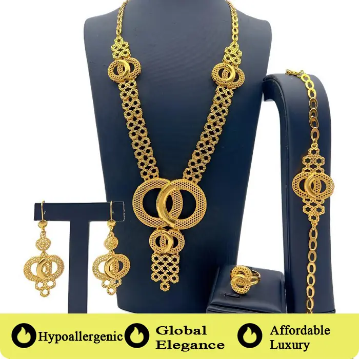 Bold Filigree Jewelry Set for Women, 4-Piece Gold-Tone Dubai Bling with Tassel Pendant Necklace, Earrings, Bracelet, & Adjustable Ring, Bling Jewelry Sets, Ethnic-Inspired Jewelry Sets