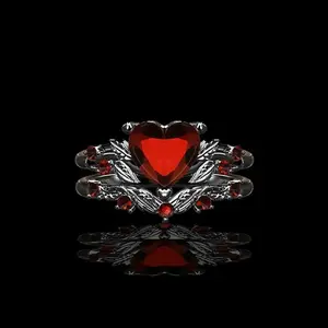Vintage Gothic Red Heart Cut Cubic Zirconia Ring Set |   2-Piece Stackable Black Tone Leaf Filigree |   Dark Academia Lolita Jewelry for Women