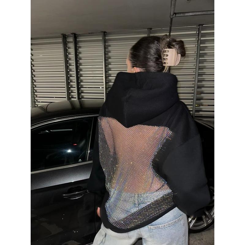 Women's Black Hoodie Open Back Mesh Cutout Edgy Streetwear Casual Party Night Comfortable Relaxed Fit Fashion Trendy Chic Top Sweatshirts Long Sleeve Floral Womenswear