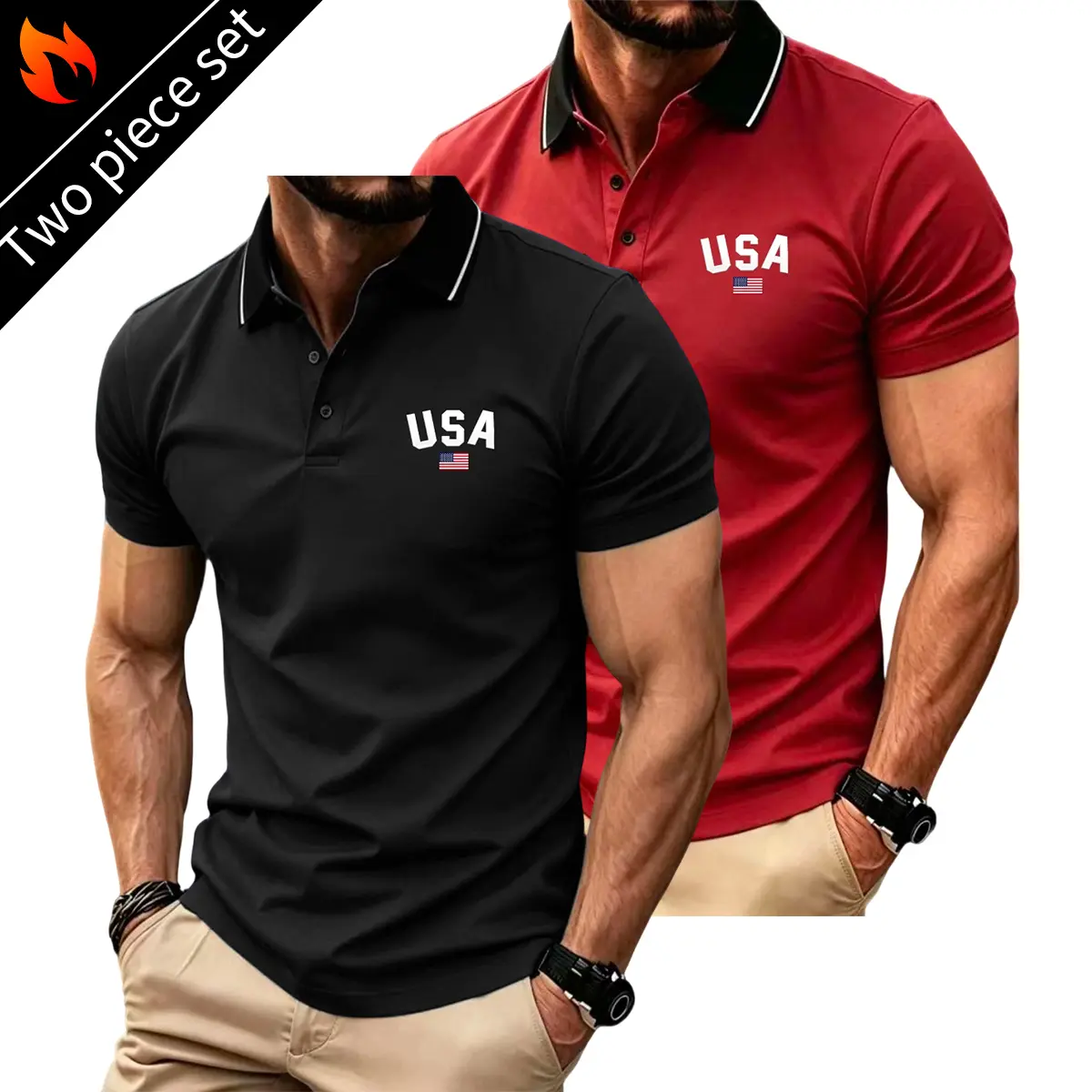 Men’s two-pack solid-color polo shirts with turn-down collars, breathable and quick-drying, casual golf shirts, lightweight and stretchy, suitable for summer office wear, American flag print, comfortable fit, short-sleeved tops
