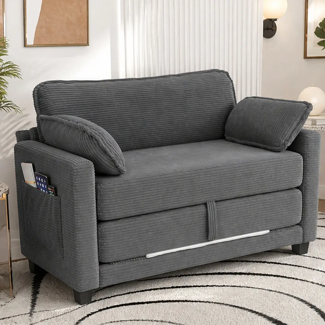ARCH 2-in-1 Convertible Corduroy Sofa Bed 2-Seater Loveseat Sleeper with Side Storage High-Rebound Sponge Solid Wood Frame Easy Assembly Living Room Study Multiple Color Options, Beige/Dark Green/Grey Color Options, Wood Material, Color: Grey