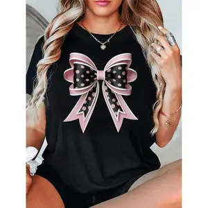 Women's Sweet Polka-Dot Pink Bow Print Short Sleeve Crew Neck T-Shirt - Black Casual Top with Medium Stretch, Machine Washable