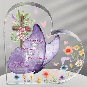 Ladies Christian Gift, Inspirational Religious Gift, Heart-Shaped Bible Scripture Book Desk Decoration, Butterfly Acrylic Birthday Gift, Heart Plaque