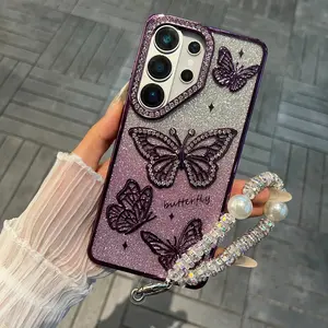 Gradient Glitter Butterfly Phone Case for Samsung Galaxy S26 S25 S24 S23 Ultra Plus Fe, Pearl Chain, Luxury Electroplated, Anti-Drop
