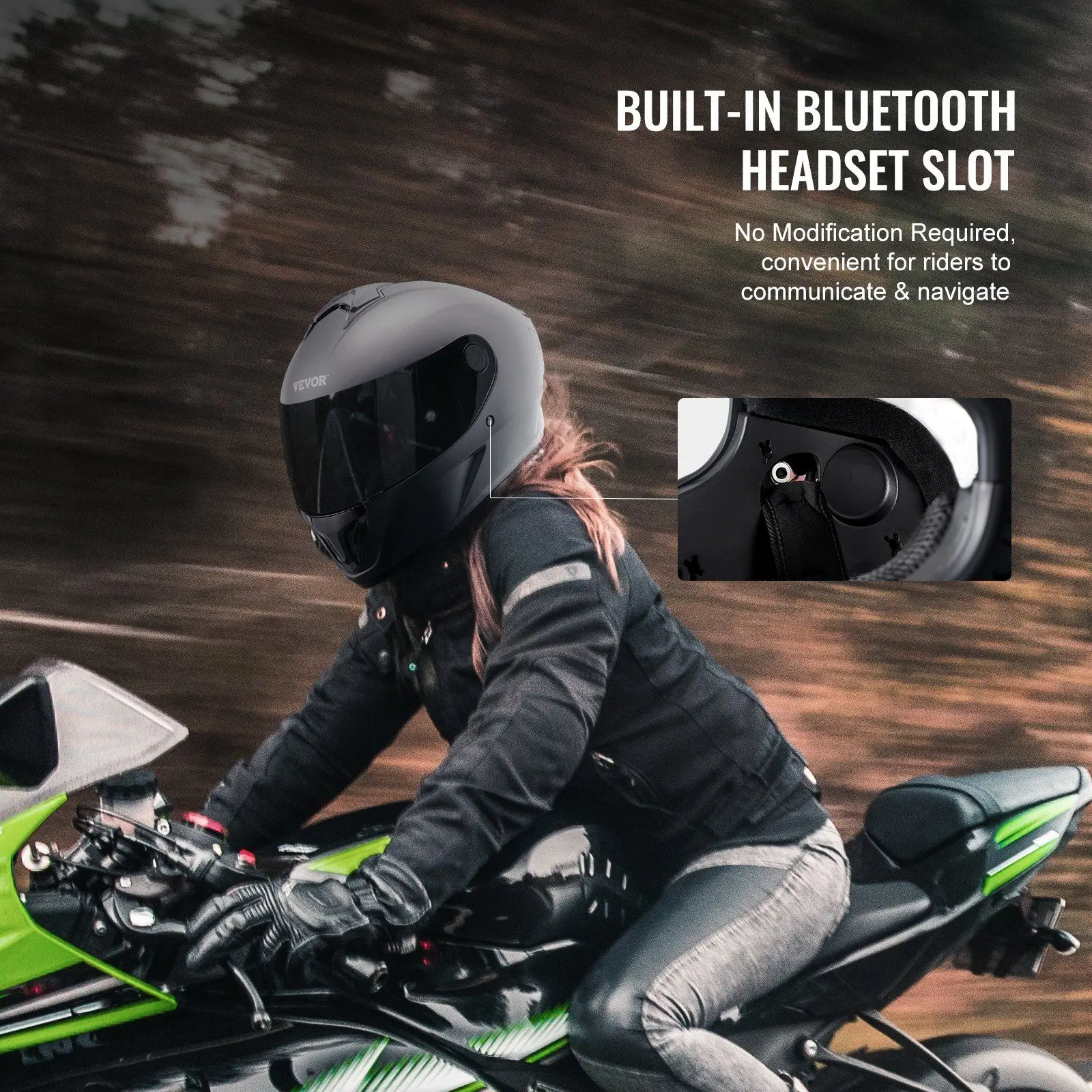 VEVOR Unisex Full Face Motorcycle Helmet, Motocross Helmet with Bluetooth Slot, Sun Visor, Adjustable Airflow, Aerodynamic Design for All Seasons