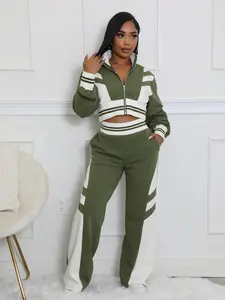 Women's Colorblock Zip Up Crop Pullover & Pants Two-piece Set, Sweatsuit with Pockets, Casual Long Sleeve Zip Front Top & Trousers for Daily Wear, Ladies Fall & Winter Clothes, Sweatsuits Set