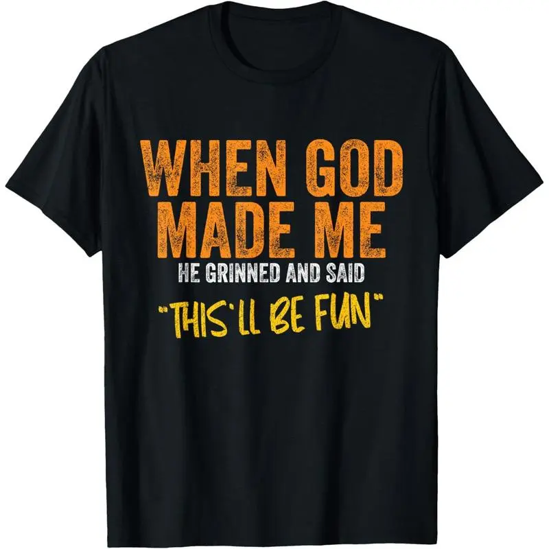 Women's Retro Sporty Graphic Cotton Top - "When God Made Me Funny" Print, Casual Short-Sleeve, Breathable Romance-Infused Statement Tee for Everyday Streetwear, Valentine's Day