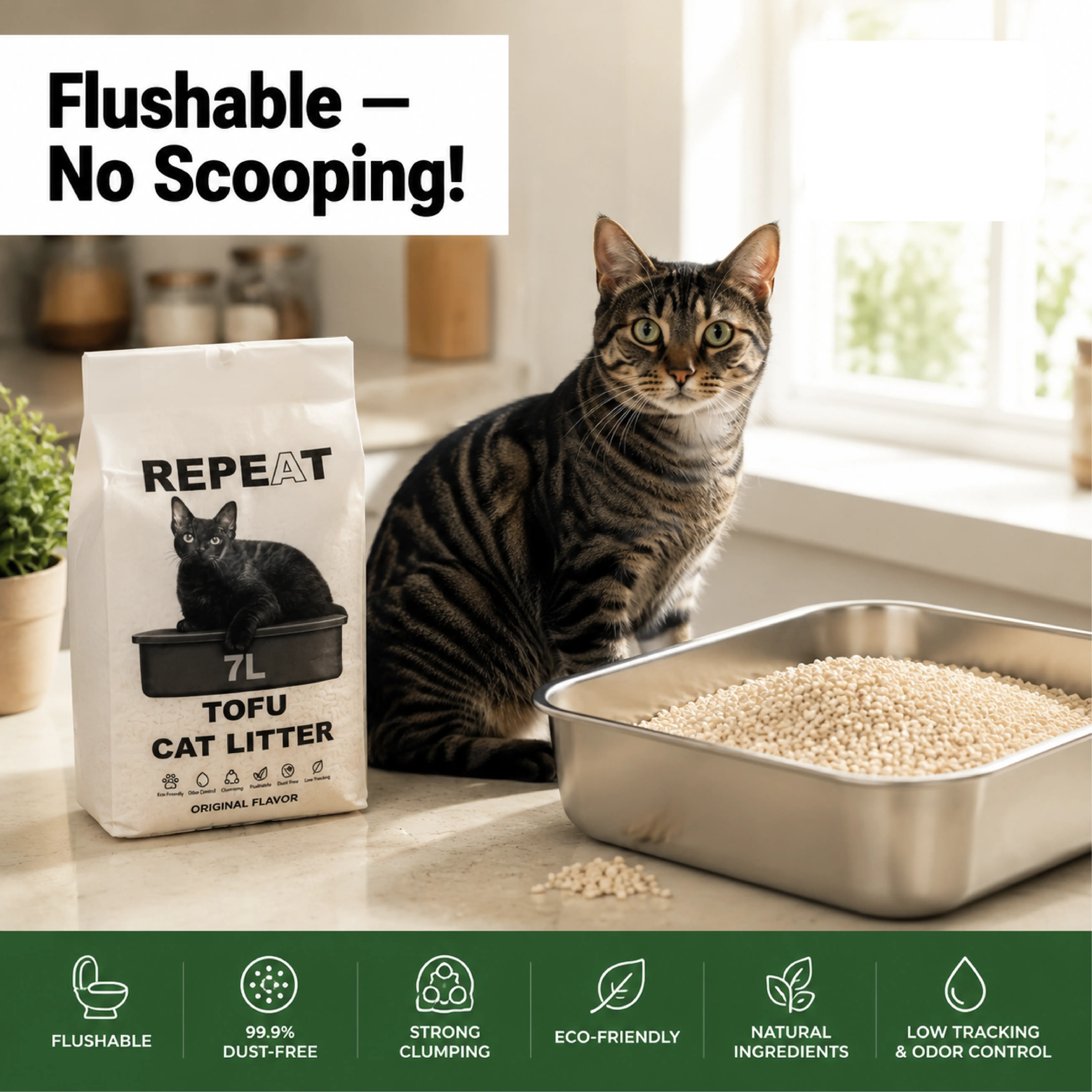 REPET High Quality Natural Clumping Plant-Based Tofu Cat Litter (5.5LB) - Flushing Safe, Dust-Free, Highly Absorbent, Strong Odour Control, Eco-Friendly Pellet Shape, Low Tracking, Original Flavor