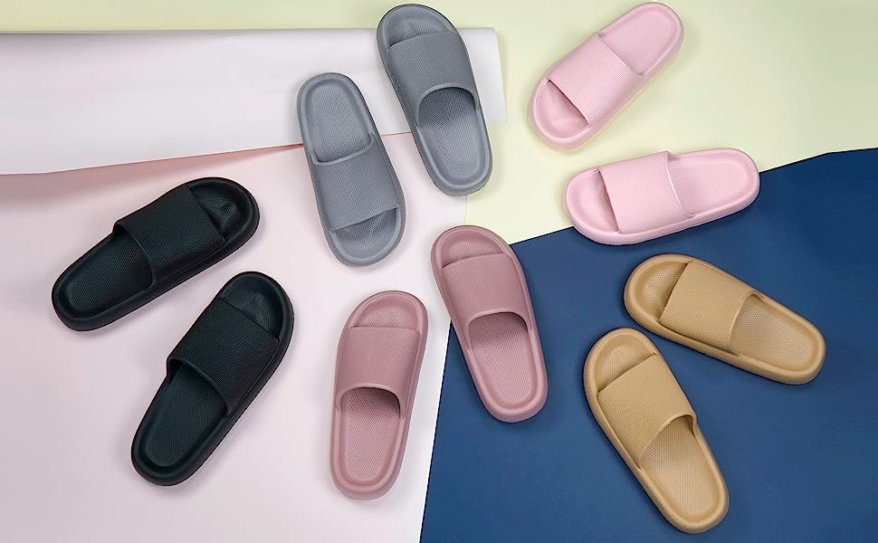 Cloud Slippers for Women and Men, Super Soft with Anti-Skid Sole. These ultra-comfortable, thick sole slides are perfect for indoor and outdoor use, providing ultimate comfort, support, and slip resistance. Ideal for lounging, beach trips, and showers.