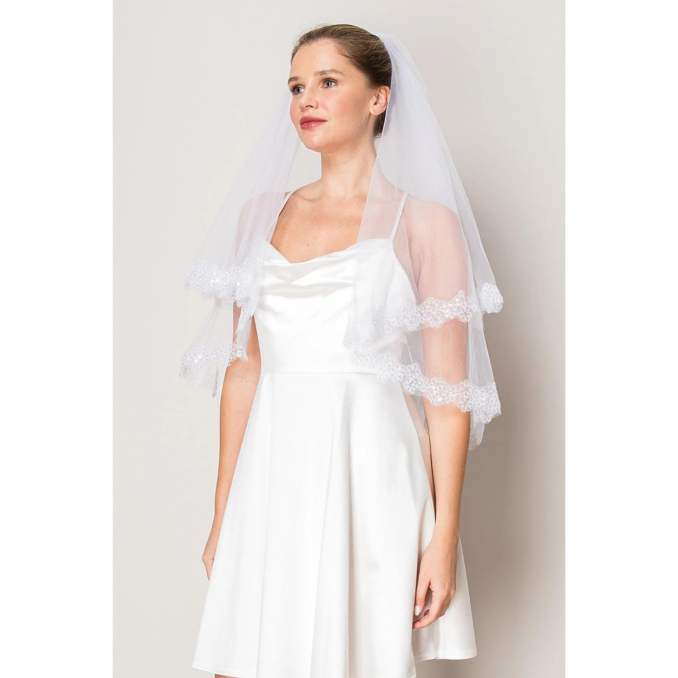 Brooke White Two Layer Floral Lace Edge Waist Length Wedding Veil
